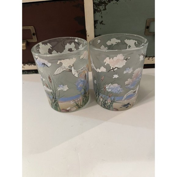 Beautiful pair Partylite Candle Holders Morning Tide Frosted Birds Sunset Beach - Picture 1 of 8